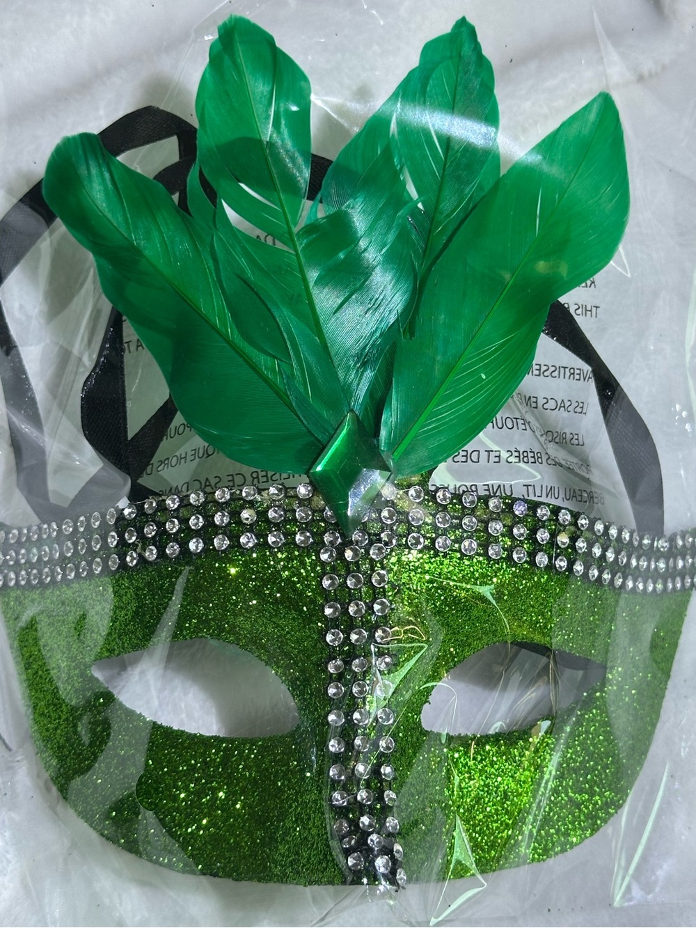 🎭 Green Glitter Masquerade Mask with Feathers Rhinestones Mardi Gras Costume 🎭